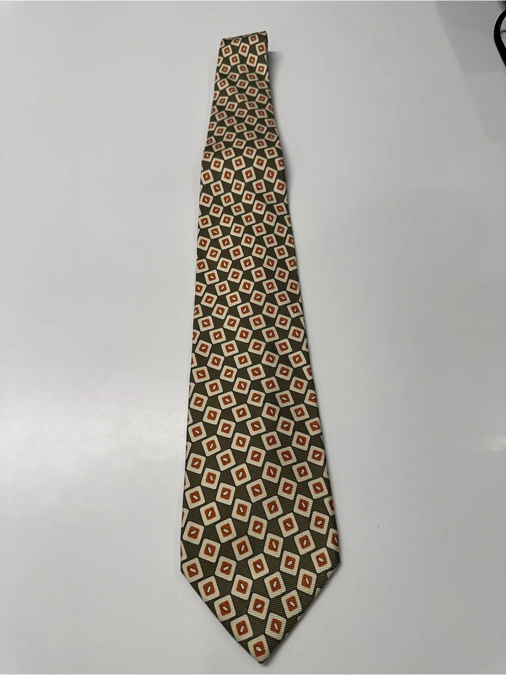 J. Crew Olive Green Geometric Silk-Blend Tie with Cream and Rust Accents
